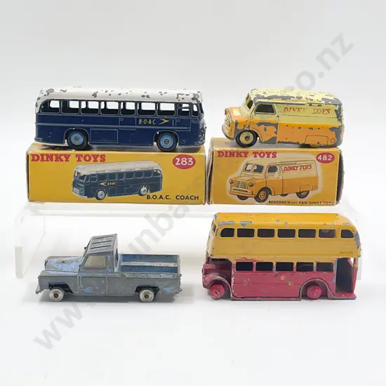 Dinky Boxed 283 BOAC Coach 482 Bedford 10cwt Van Unboxed Bus and Corig Land Rover playworn vehicles