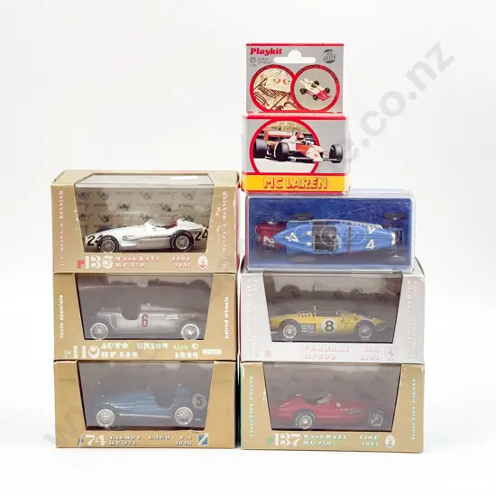 Five Boxed Brumm Vintage Racing Car Models and two unboxed (faults) Playkit McLaren