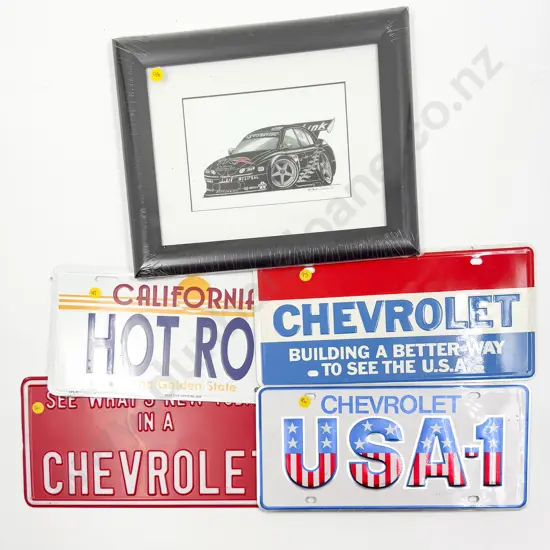 Four Printed Tin Chevrolet and Hot Road Car Plate Signs and Print