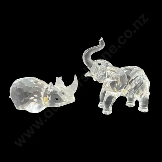 Two Boxed Swarovski Crystal Rhino & Baby Elephant