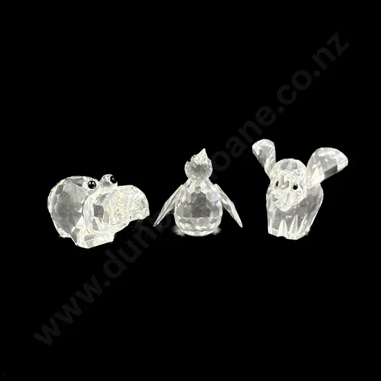 Three Boxed Swarovski Crystal Baby Elephant Penguin & Hippo