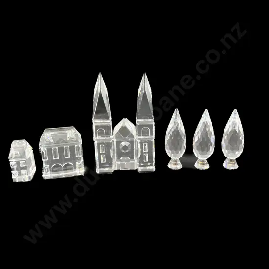 Three Boxed Swarovski Crystal Buildings & Trees