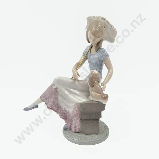 Lladro Figure of a Young Lady Holding Puppy & Lace Umbrella