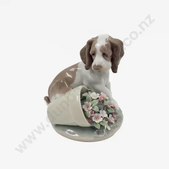 Lladro Figure of a Puppy with Spilled Flower Pot