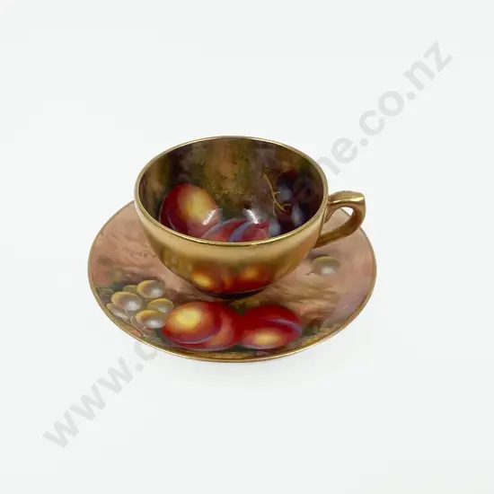 Royal Worcester Miniature Teacup & Saucer Painted Fruit Signed H Ayrton