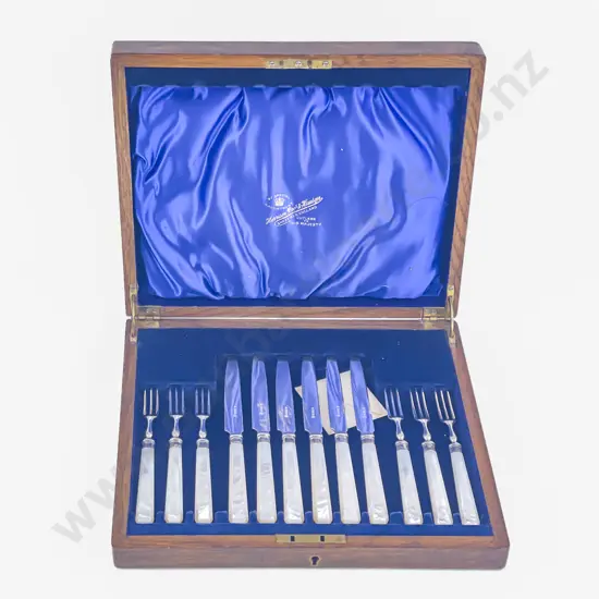 Cased Set Of Six MOP Handled S/Plate Dessert Knives & Forks