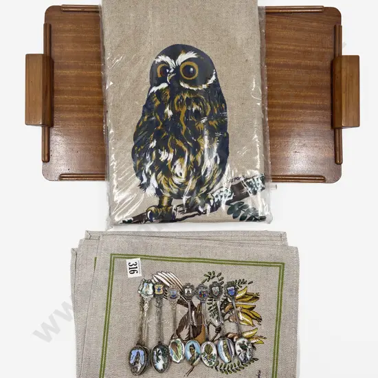 NZ Souvenir Tray Table Cover Mats & Eight Enamel Bowled Teaspoons