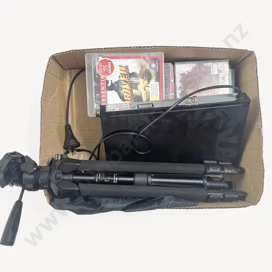 Box Quantity of Assorted CDs together with DVD Player & Tripod