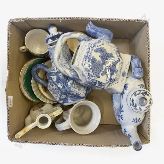 Box of Assorted China including Three Blue & White Teapots