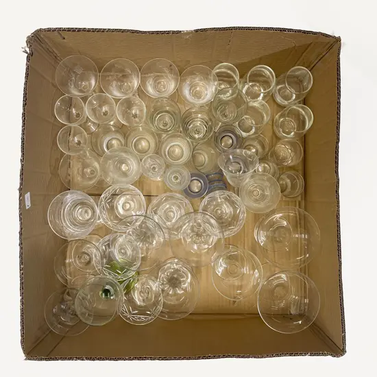 Box of Assorted Crystal & Glassware including Hollow Stem Glasses