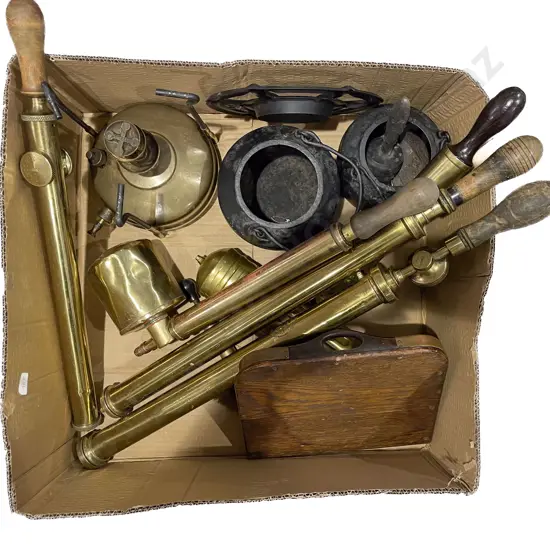 Box of Assorted Metalware including Brass Sprayers etc