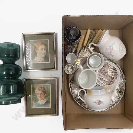 Box of Assorted including Cutlery Art Glass Vase & China etc