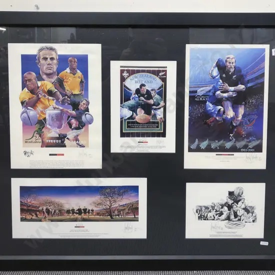 Framed Display of Five Assorted All Blacks Test Posters