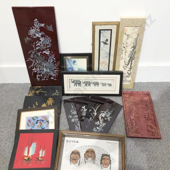 Box of Assorted Lacquered Panels and Artworks etc