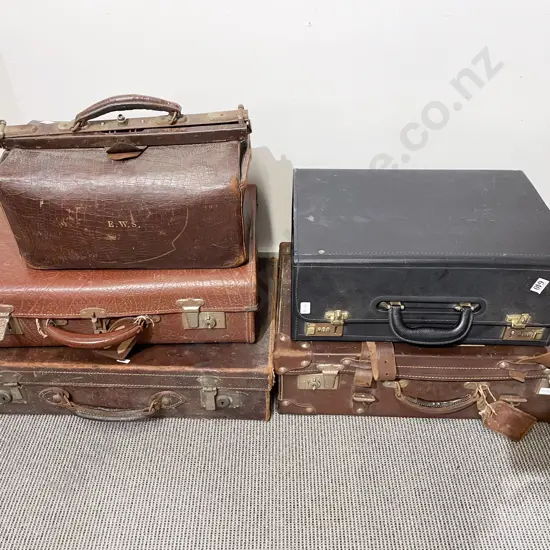 Three Vintage Leather Suitcases With Gladstone Bag and Other