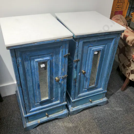Pair of Marble Top Distressed Painted Side Cabinets