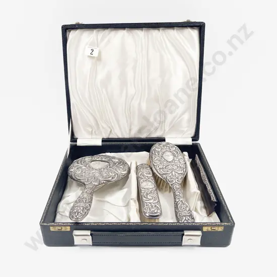 Cased 3pce Sterling silver Dressing Table Set together with S/S Backed Comb