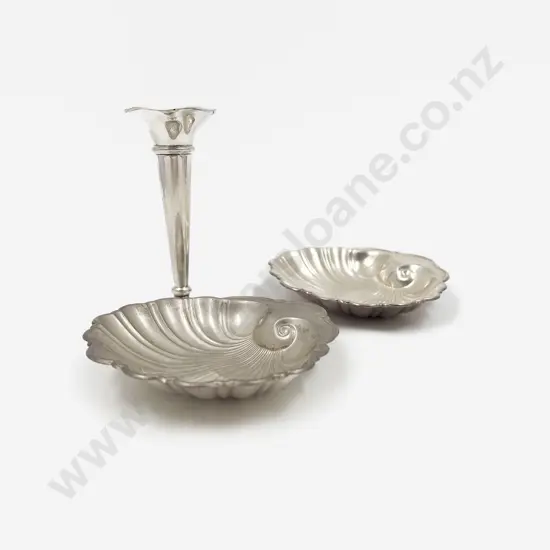 S/S Candlestick & Two Sterling Silver Clam Shell Coin Dishes