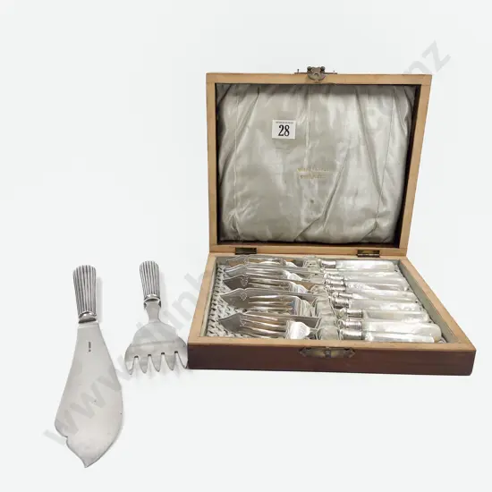 Cased Set of Six S/P Mother of Pearl Handled Fish Knives & Forks together with Fish Servers