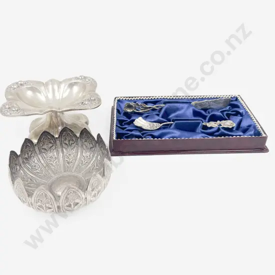 Two French Silver Ashtrays & Pair Sterling Silver Cheese Utensils