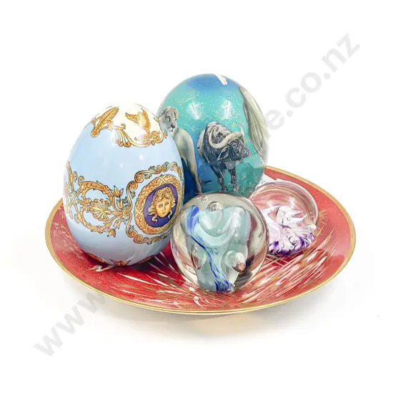 Two Decorative Ceramic Eggs & Two Art Glass Paperweights