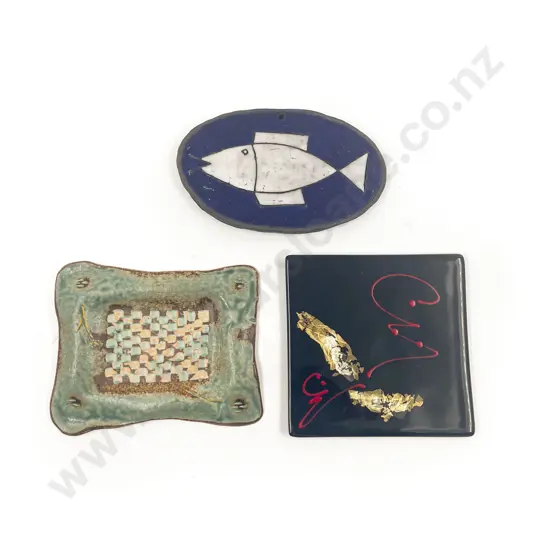 Two Pottery Wall Hangings together with Peter Collis Dish