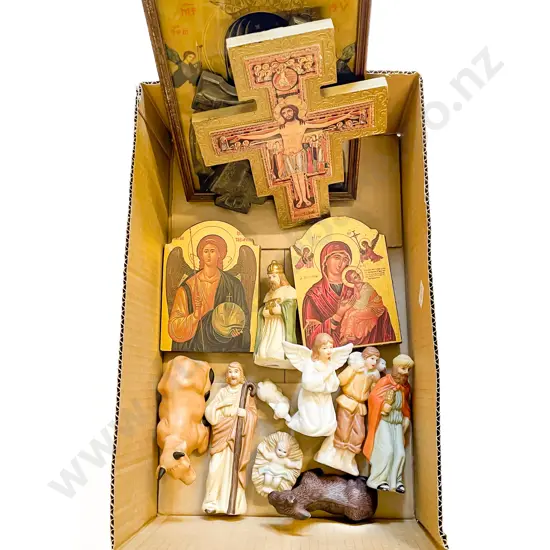 Quantity of Assorted Religious Icons together with Ceramic Nativity Set
