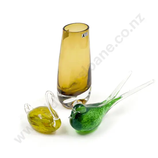 Two Art Glass Bird Ornaments together with Swedish Glass Vase