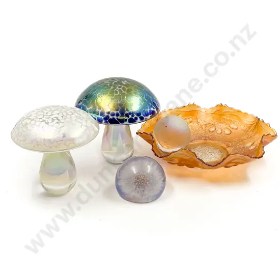 Two Heron Glass Mushrooms together with Paperweights and Carnival Glass Dish