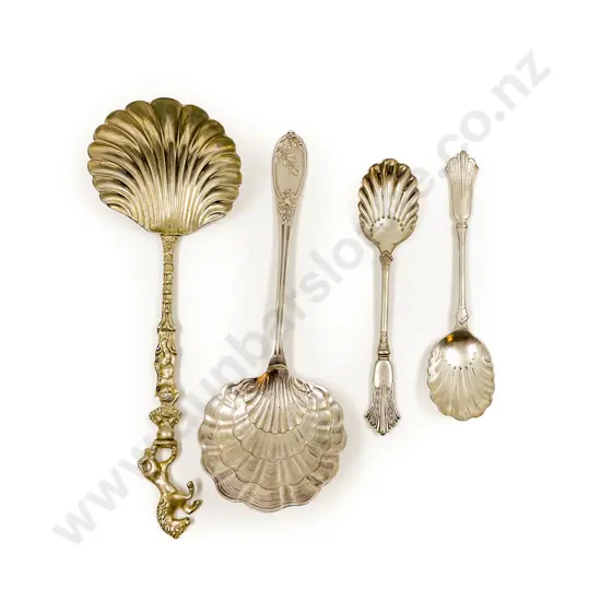 European Silver Scallop Form Spoon together with Three Plated Similar