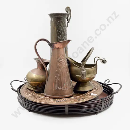 Quantity of Assorted Metalware on Decorative Oval Tray