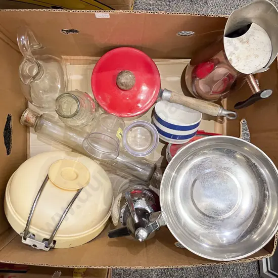Box of Assorted Vintage Kitchenalia including Glass Rolling Pin