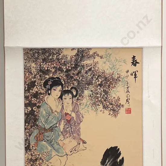 Boxed Japanese Scroll with Hen and Chickens