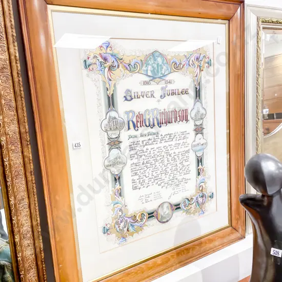 Framed Hand Coloured Silver Jubilee Commemoration for Rev. G. Richardson 1941