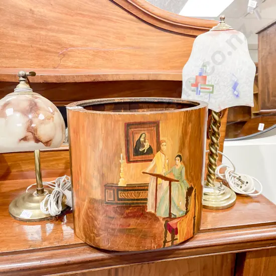 Two Glass Shade Table Lamps together with Hand Painted Wooden Bin