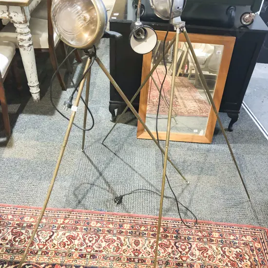 Two Steampunk Style Tripod Floor Lamps