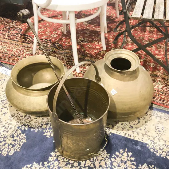 Two Brass Vases with Coal Bucket & Poker