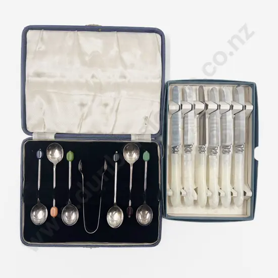 Cased S/Plate Bean Finial Coffee Spoons & Boxed Set of Six Butter Knives