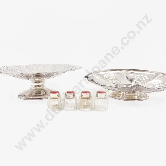Four Danish Enamel & Silver Topped Condiments on Two Plated Comports