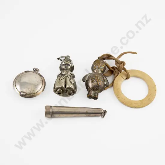 Small S/S Compact & Case & Two S/Plate Antique Baby Rattles