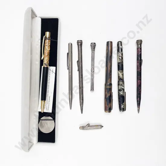 22ct Gold Flake Ball Point Pen Together with Ten Pence Coin and Quantity of Fountain Pens and Pencils