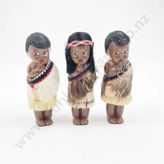 Three Small Vintage Hard Plastic Maori Souvenir Dolls