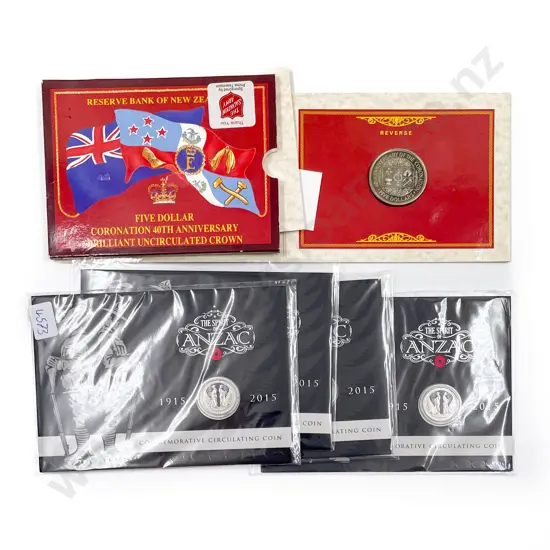 Four ANZAC Commemorative Coin Packs together with $5 Coronation Comm. Coin
