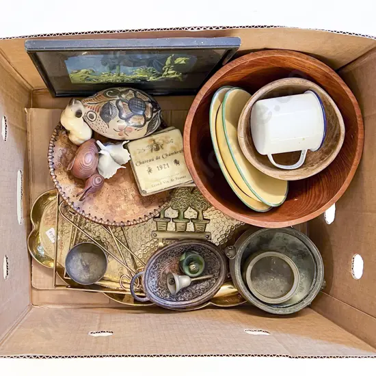 Box of Assorted Woods & Metalware etc