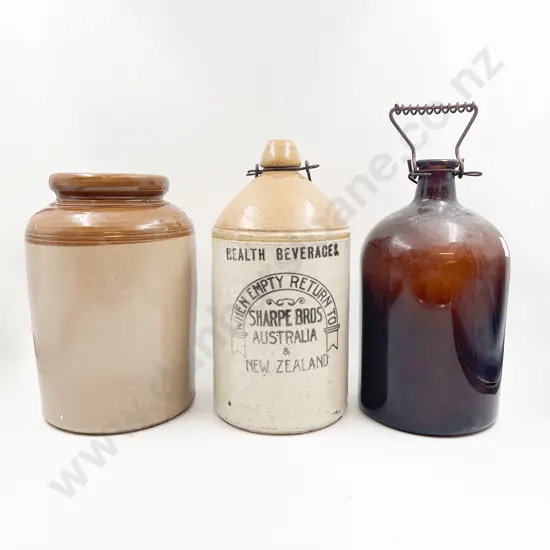 Stoneware Flagon together with Crock & Amber Glass