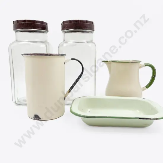 Two Vintage Kitchen Jars & Three Pieces of Enamel