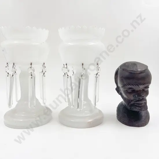 Pair of Opaque Glass Lustres together with Carved Bust