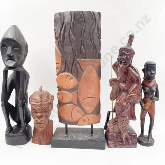 Carved Panel together with Four Assorted Tourist Artefact Figures