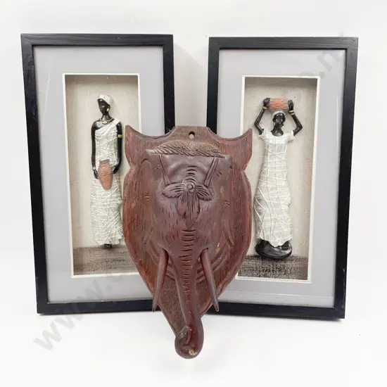 Pair of Framed Figures together with Elephant Wall Hanging