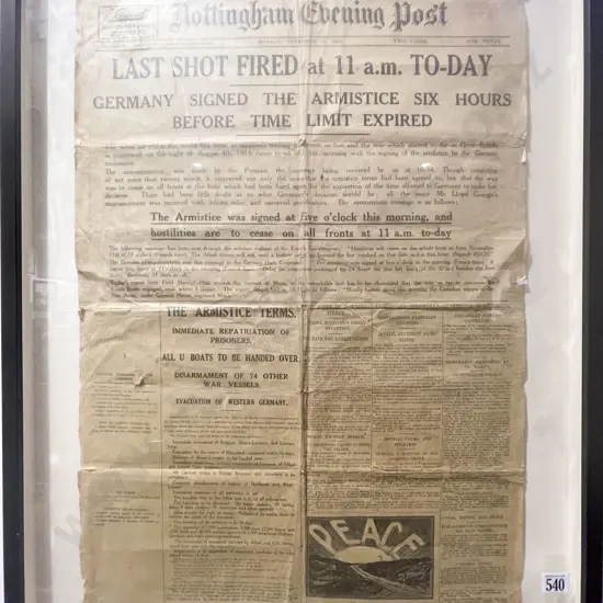 Framed Display of Nottingham Post 1918 Front Page